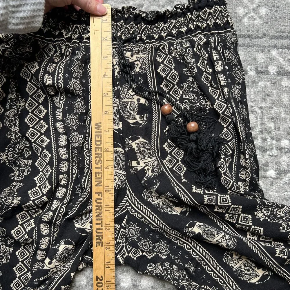 Soft Surroundings Elephant Print Palazzo Pant Black Tan Large Elastic Tassel NWT - Picture 8 of 11
